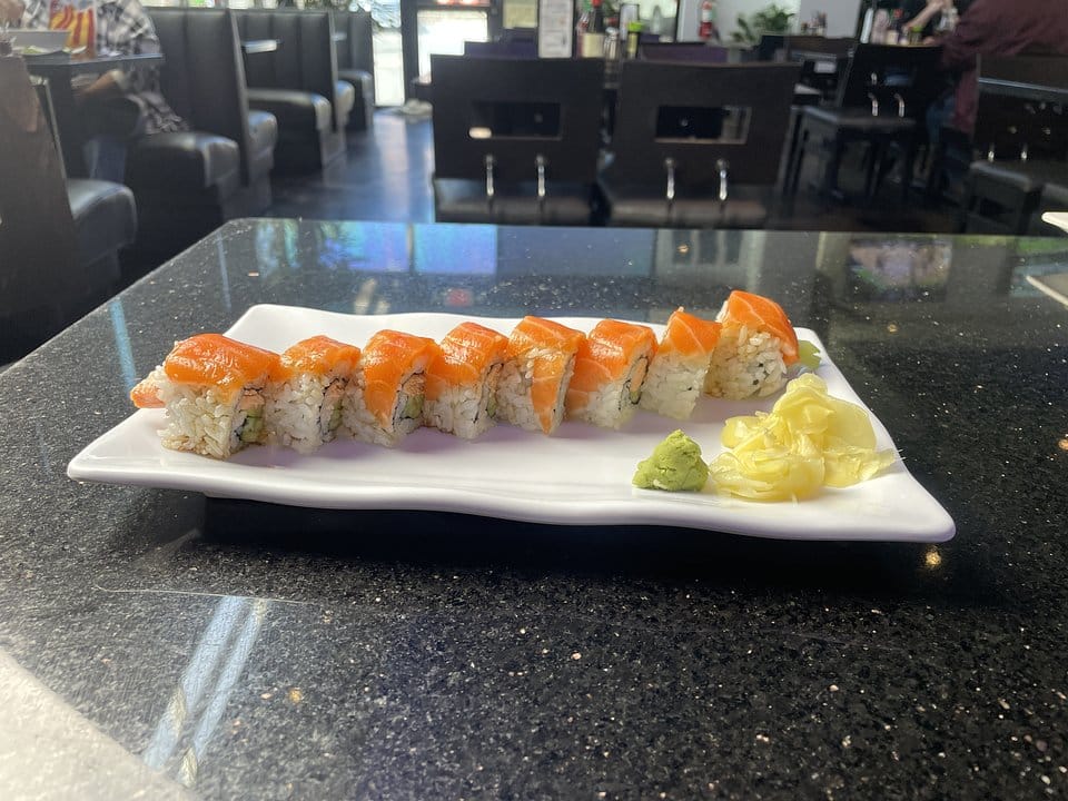 New sushi at BFF: Double Salmon Roll, a delicious combination of baked salmon, cucumber, and topped with salmon and ponzu sauce