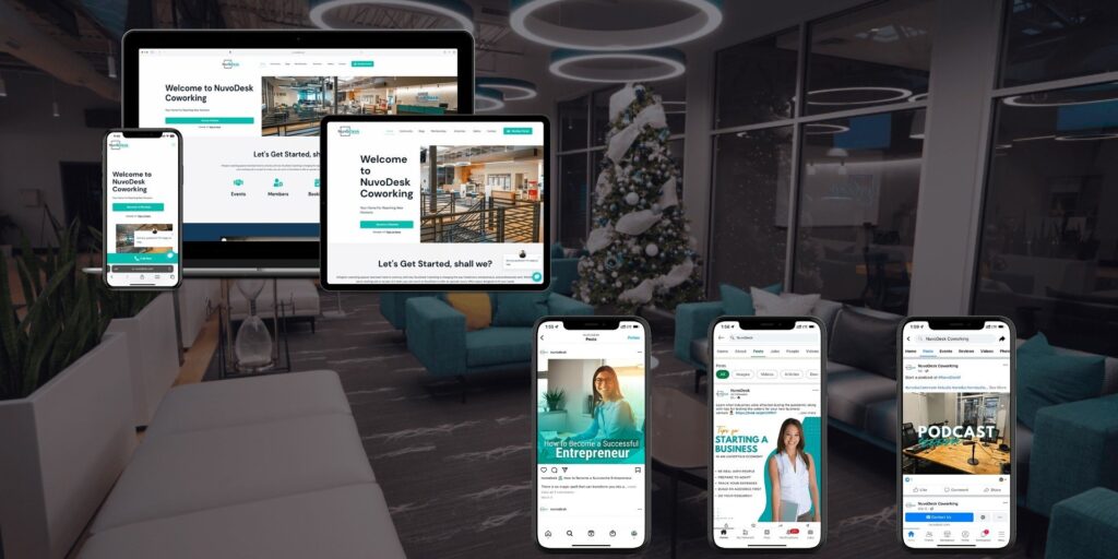 igital representation of NuvoDesk Coworking’s responsive website and social media on various devices, showcasing a modern coworking space during the holiday season.